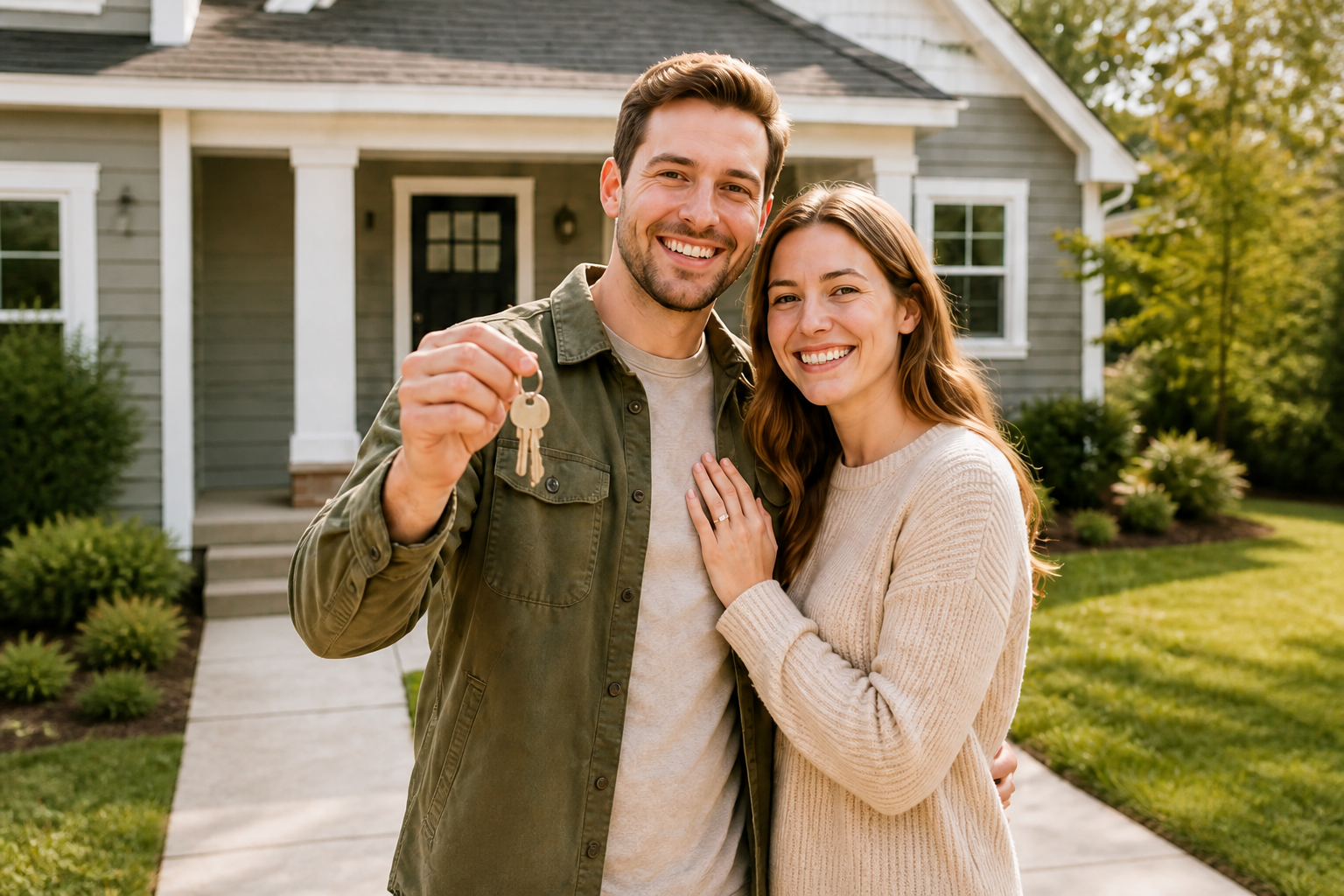 Couple holding house keys in front of their new home